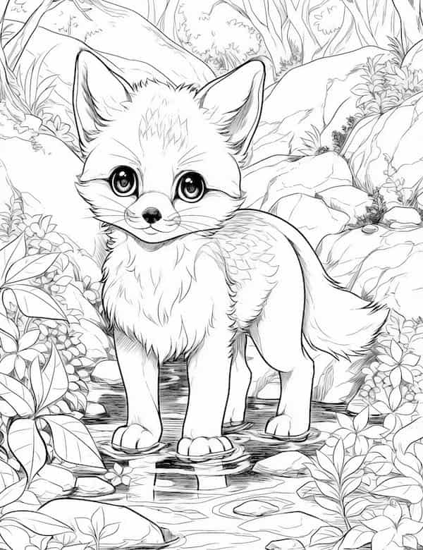 Little fox in the forest stream