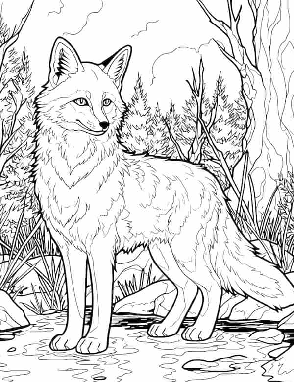 Majestic fox in the forest coloring page for adults