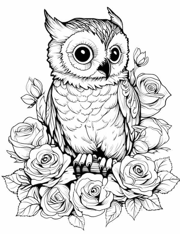 Owl and blooming roses coloring page