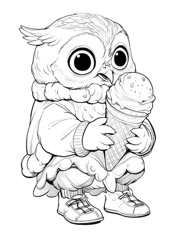 Owl eating an ice cream coloring page