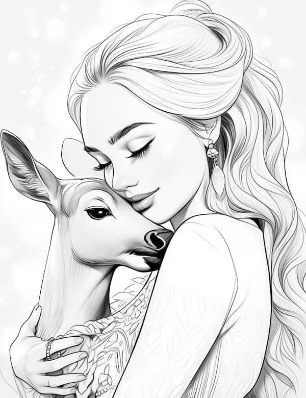 Princess and deer coloring page