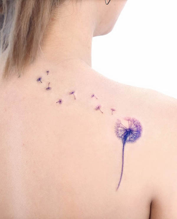 Purple dandelion back tattoo by @palette.tt_