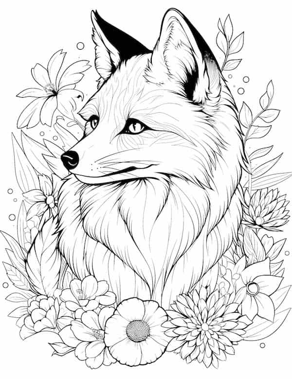 Realistic fox and flowers coloring page for adults