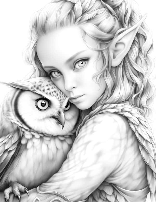 Realistic owl and elf coloring page