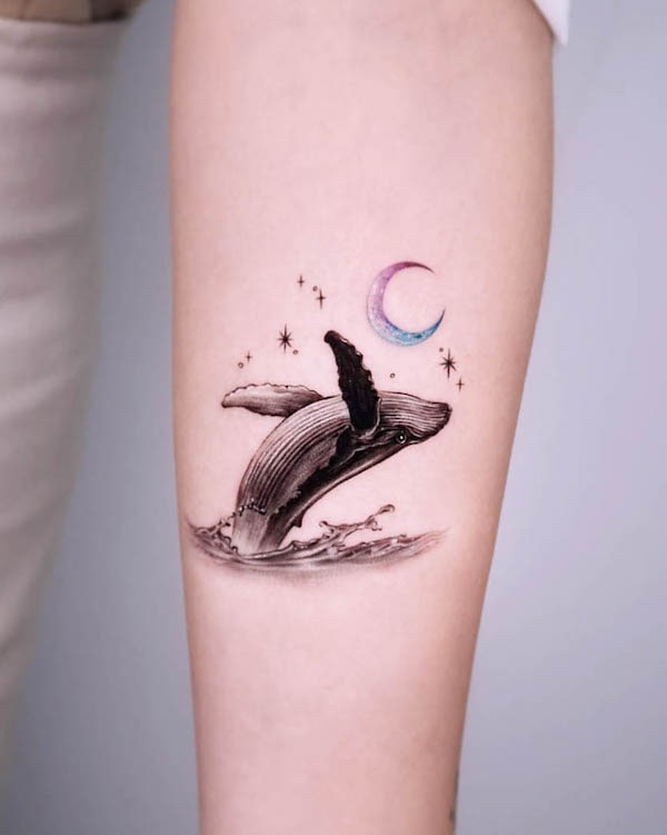 Leaping out of water tattoo by @orot_tattoo
