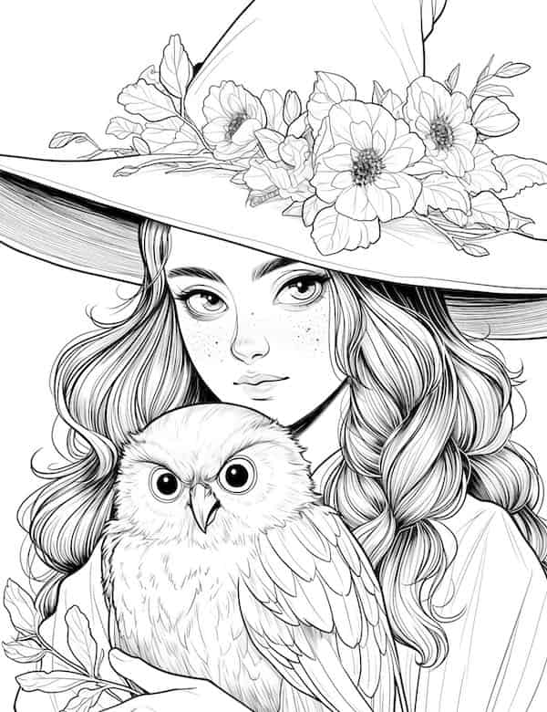 Witch and owl coloring page