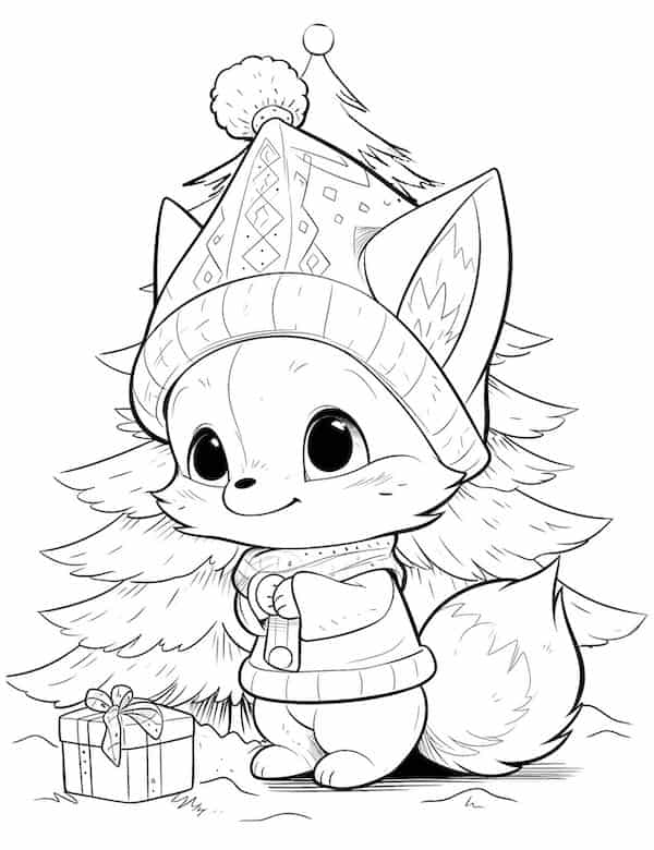 Baby fox and Christmas tree