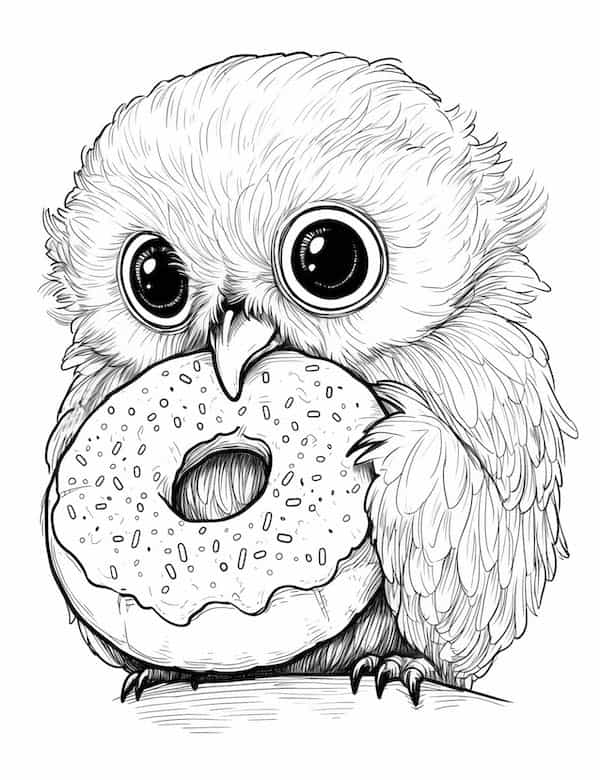 cute baby owl eating a donut coloring page