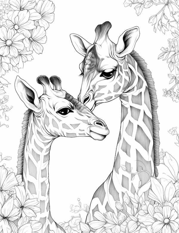 A loving giraffe couple coloring page