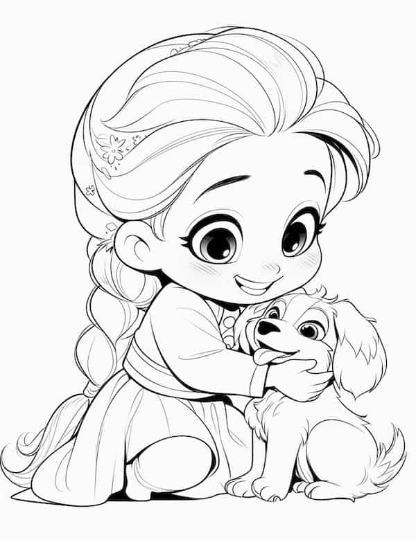 Baby Princess Elsa petting a dog coloring page