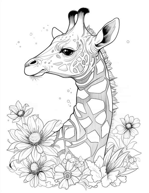 Giraffe and flowers coloring page