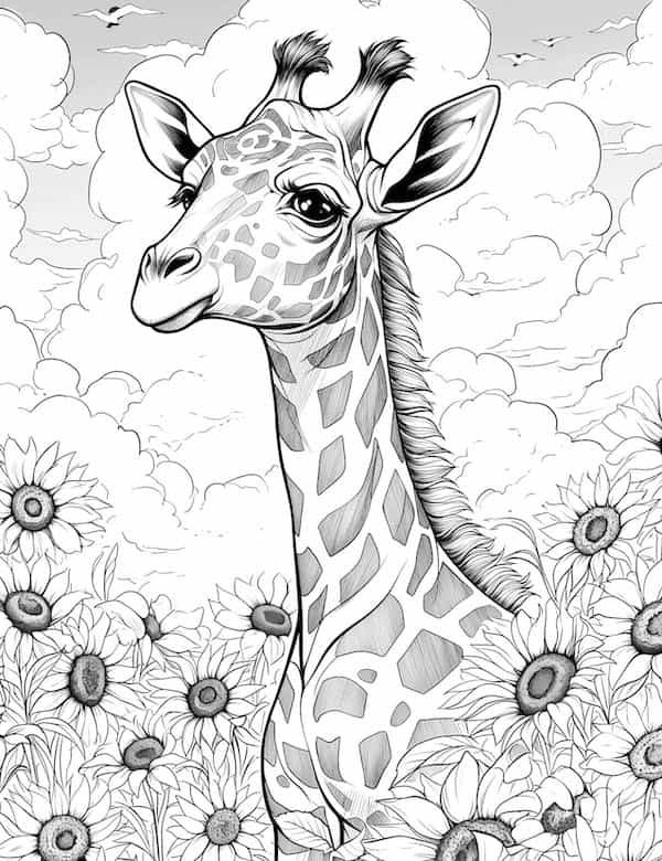 Giraffe in a sunflower field coloring page