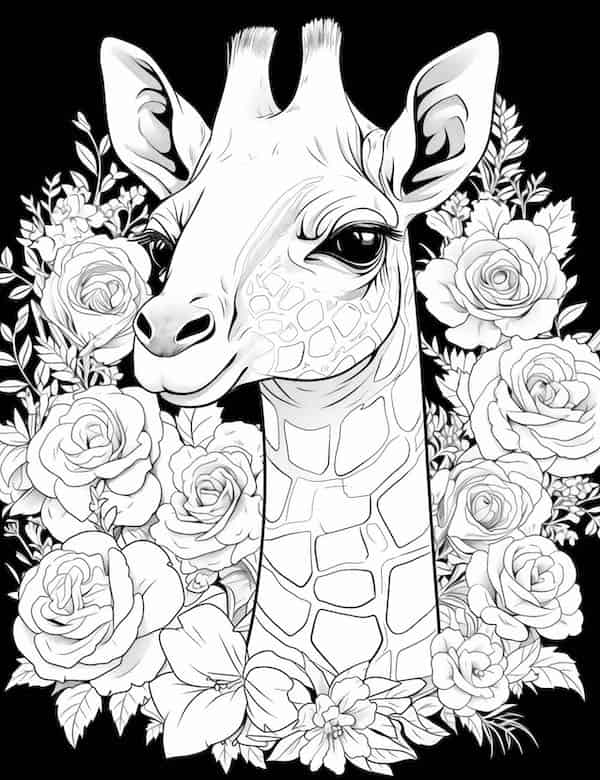 Giraffe surrounded by roses coloring page