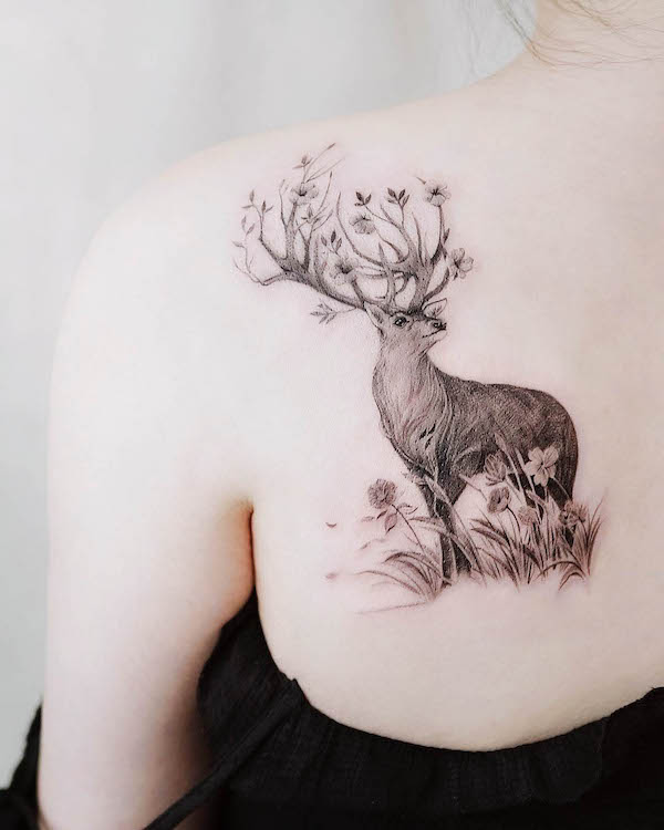 Black and grey floral white-tailed deer tattoo by Brooke Sutter at Lost  Lakes Tattoo in Madison, WI : r/tattoos