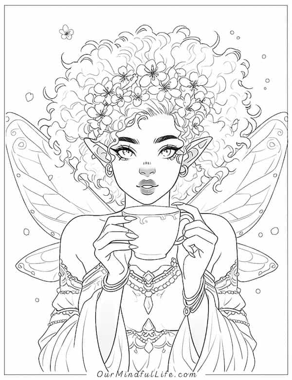Beautiful fairy drinking coffee coloring page_2