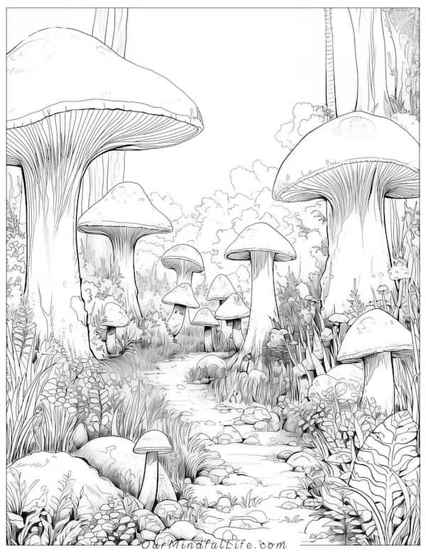 Breathtaking mushroom landscape coloring page