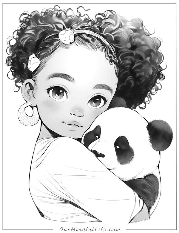 Cute little black girl and panda coloring page