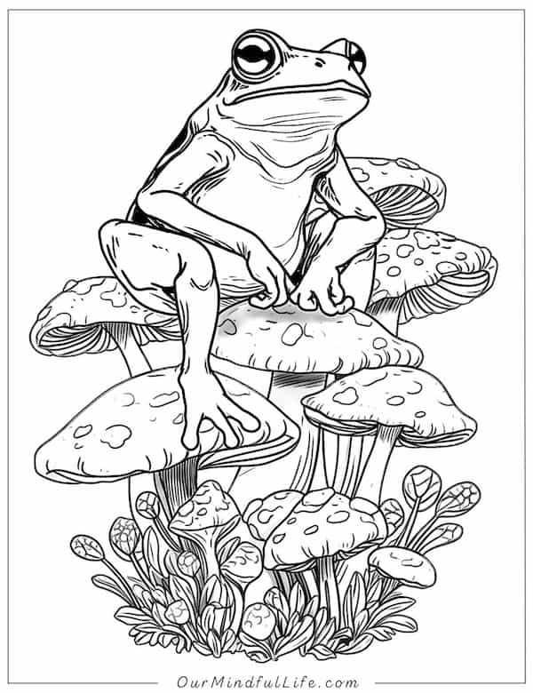 Frog and mushroom coloring page