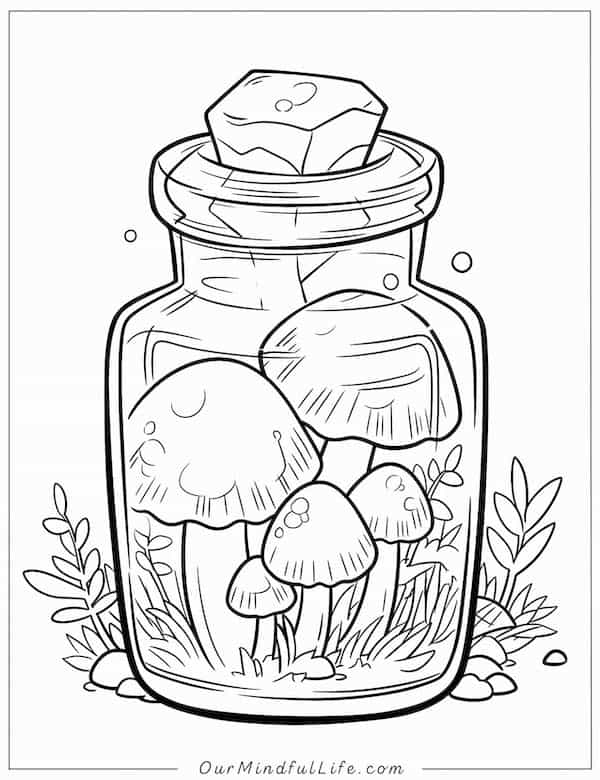 Mushrooms in a jar coloring page