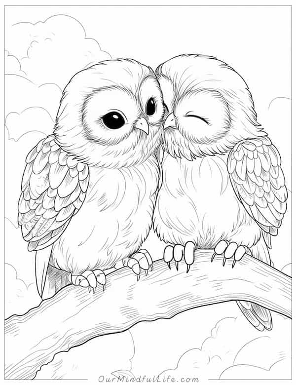 Owls coloring page for Valentine's Day