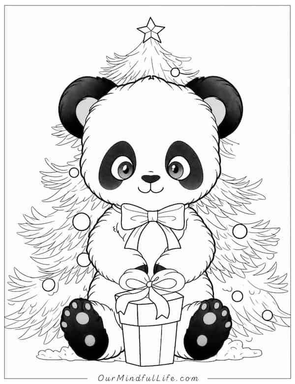 Panda and Christmas tree coloring page