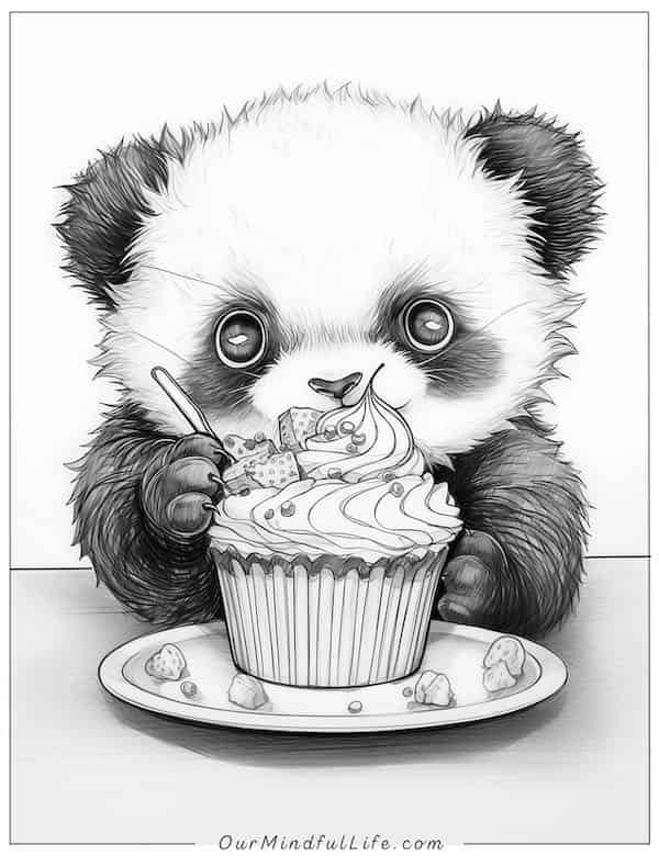 Panda and cupcake coloring page