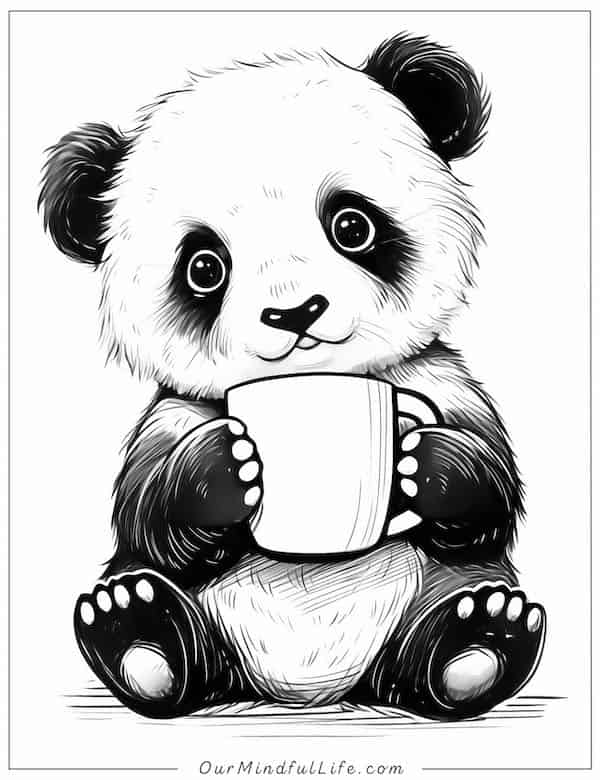 Panda having a coffee coloring page
