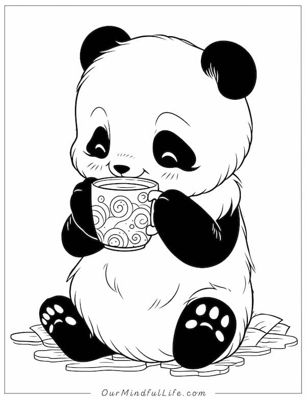Panda having tea coloring page