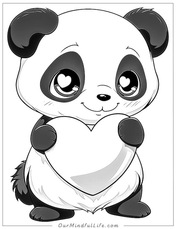 Panda holding a heart sign coloring page