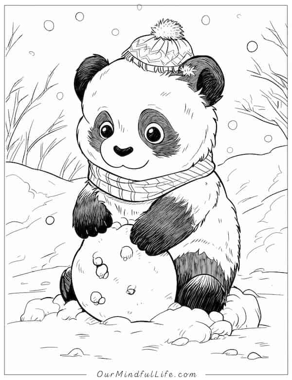Panda making a snowman coloring page