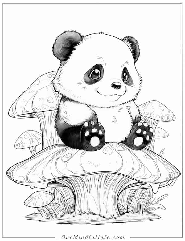Panda sitting on a mushroom coloring page