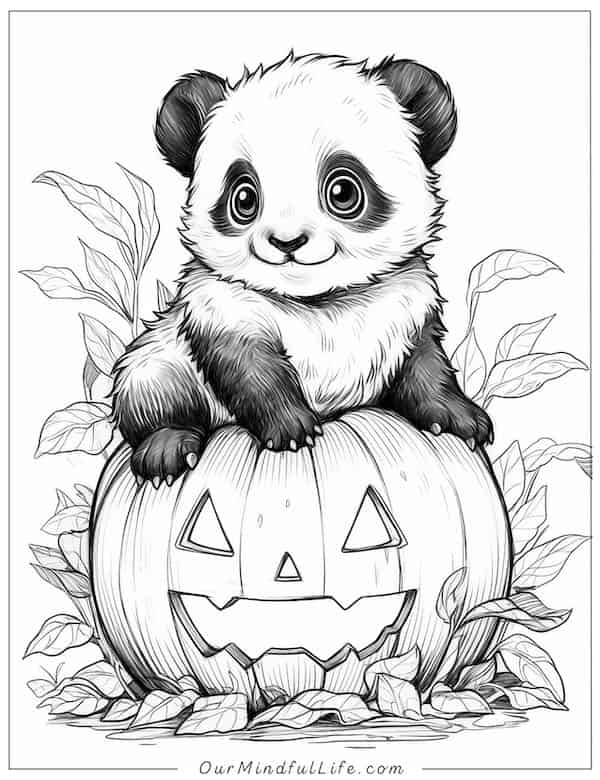 Panda sitting on a pumpkin coloring page