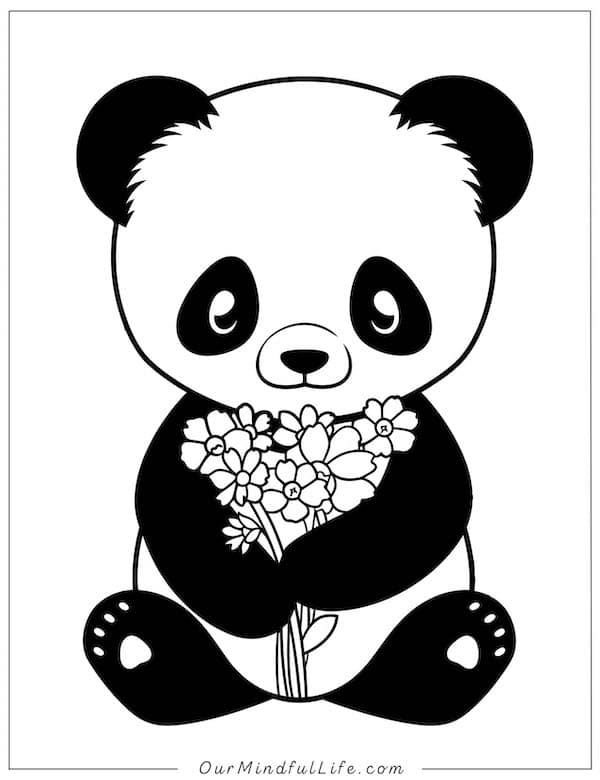 Panda with a bouquet coloring page