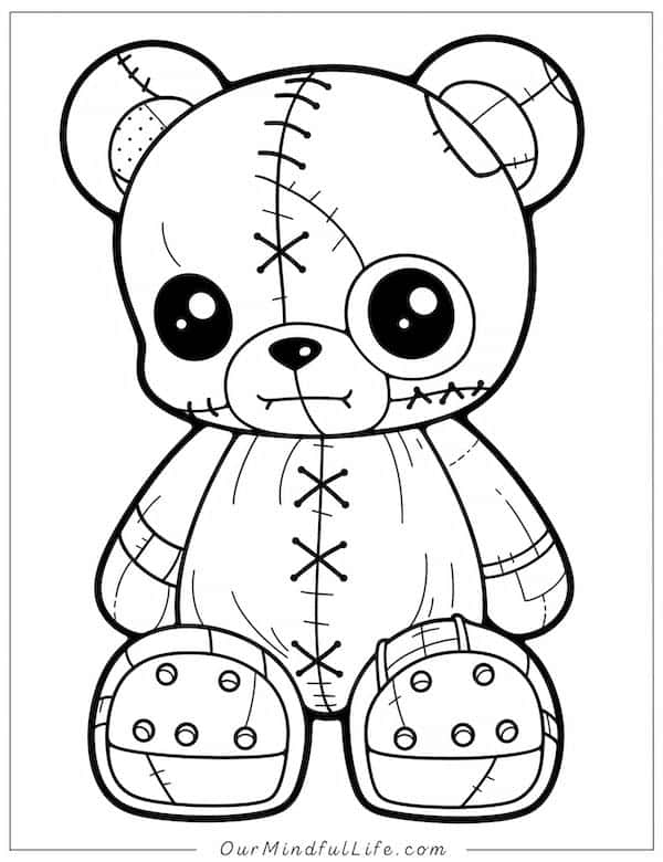Patched teddy bear coloring page