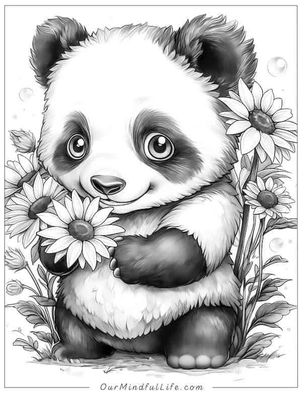 Panda surrounded by sunflowers