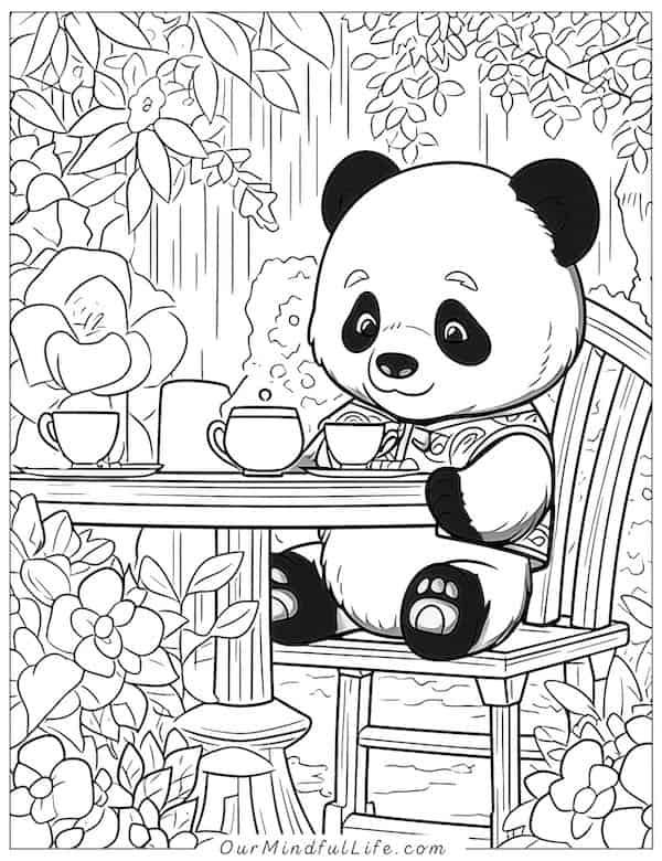 Teatime panda coloring page