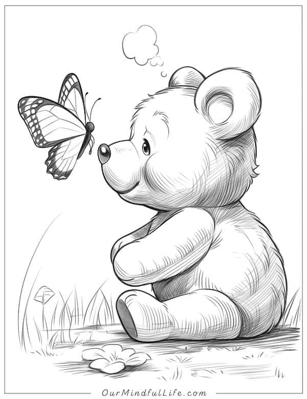 Teddy bear playing with a butterfly coloring page