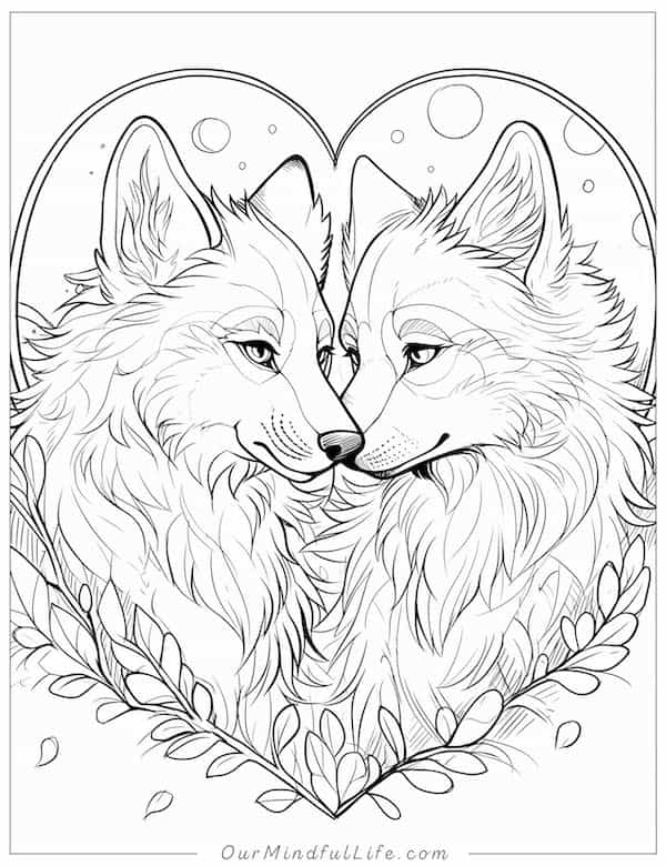 Wolves Valentine's Day coloring page