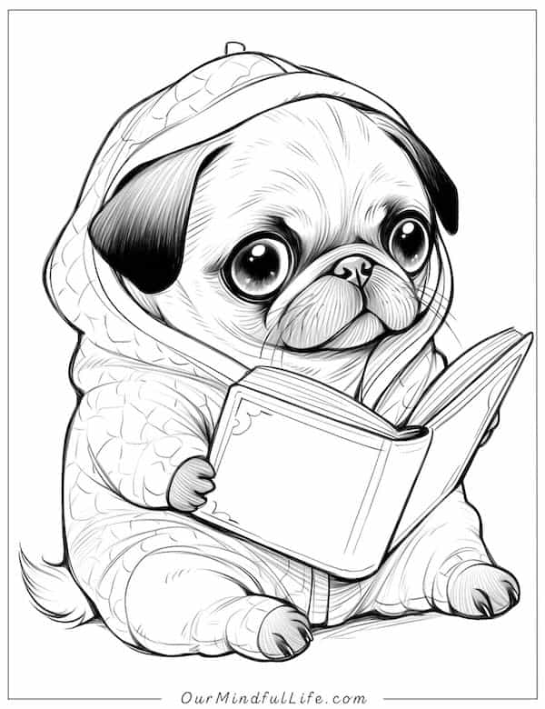 Bedtime story pug coloring page