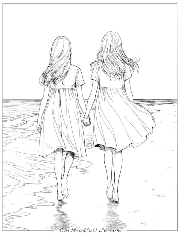 Best friends on the beach coloring page