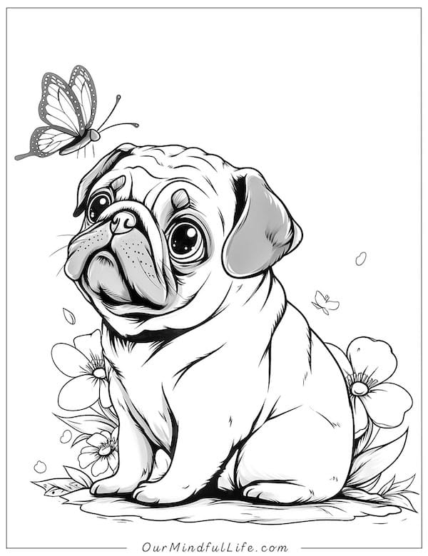 Butterfly and pug coloring page