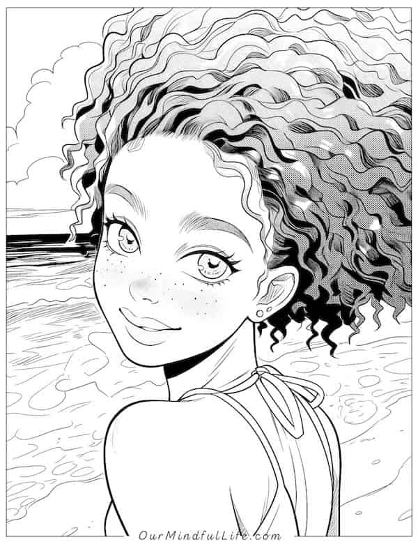 Cute black girl having fun on the beach coloring page