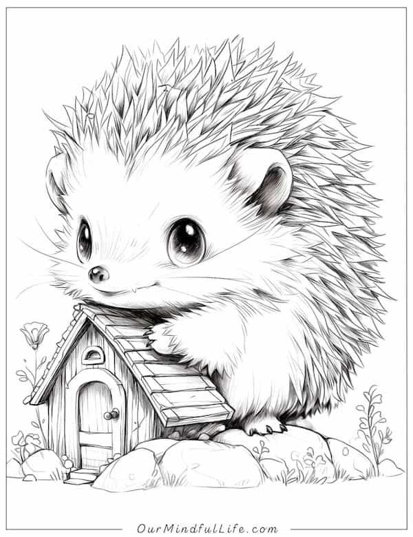 Cute hedgehog and tiny house coloring page
