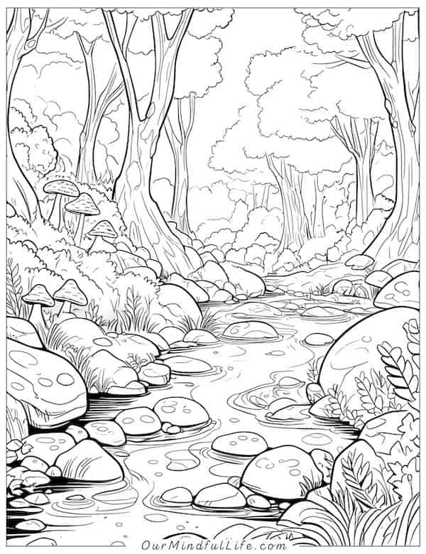 Enchanted forest with trees and mushrooms coloring page