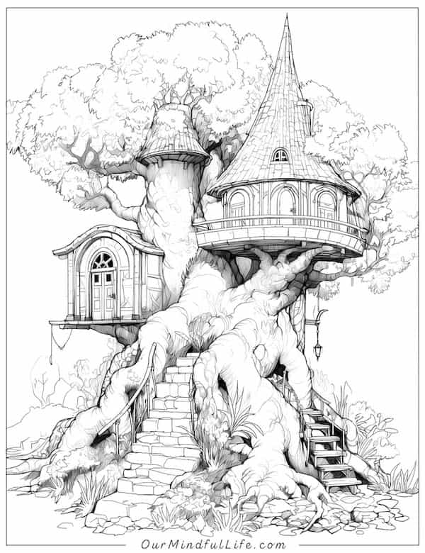 Fantasy tree house coloring page