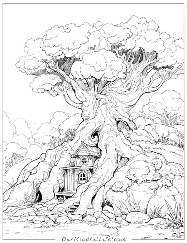 Fantasy tree house coloring page_2