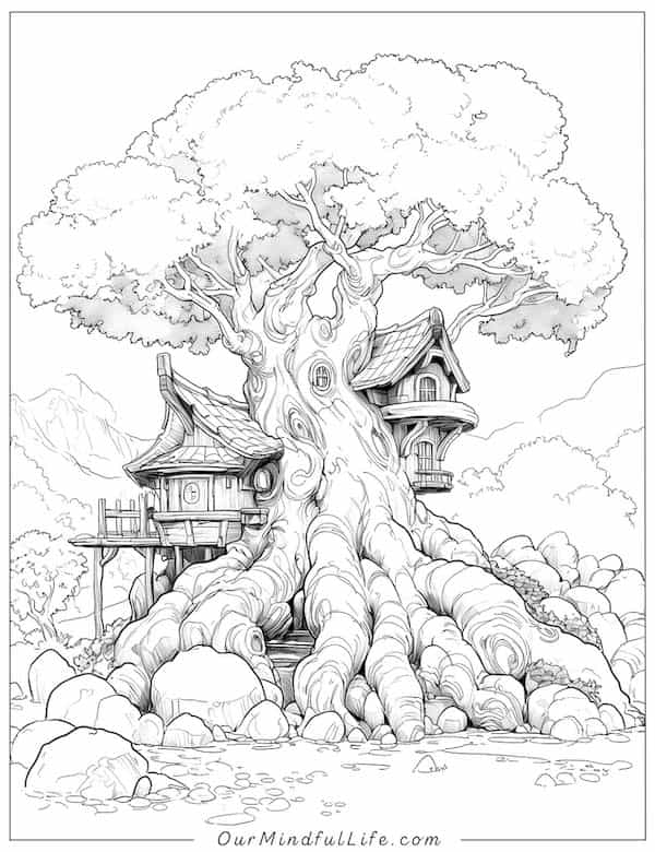 Fantasy tree house coloring page