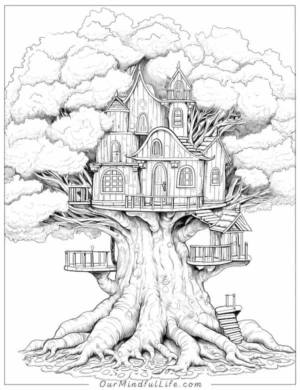 Fantasy tree house coloring page
