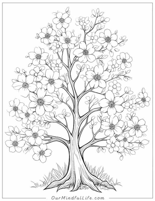 Floral tree coloring page