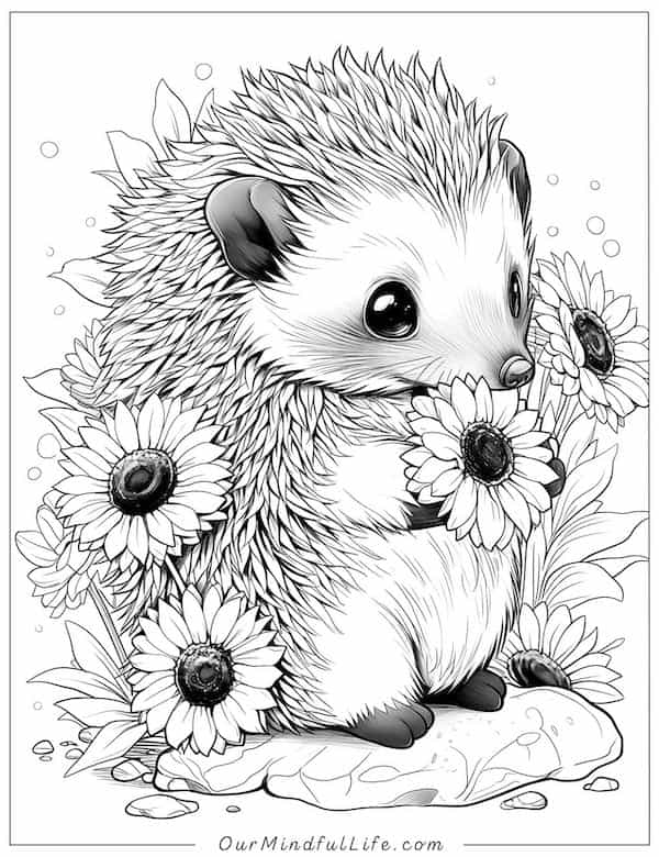 Hedgehog and sunflowers coloring page